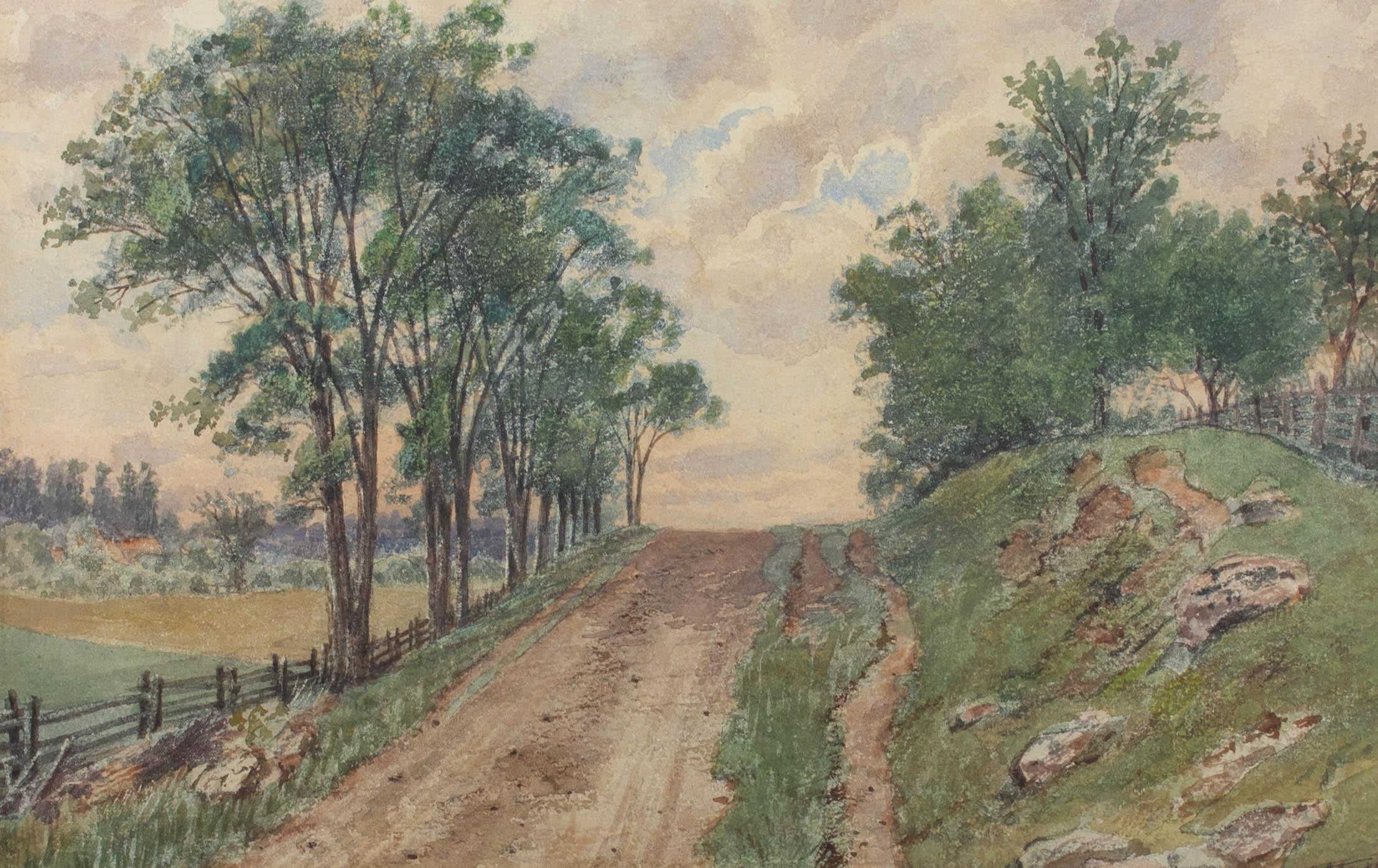 An atmospheric landscape watercolour by artist T. Mower Martin depicting a country lane looking out over crop fields. Signed and dated to the lower right.

 

On wove.