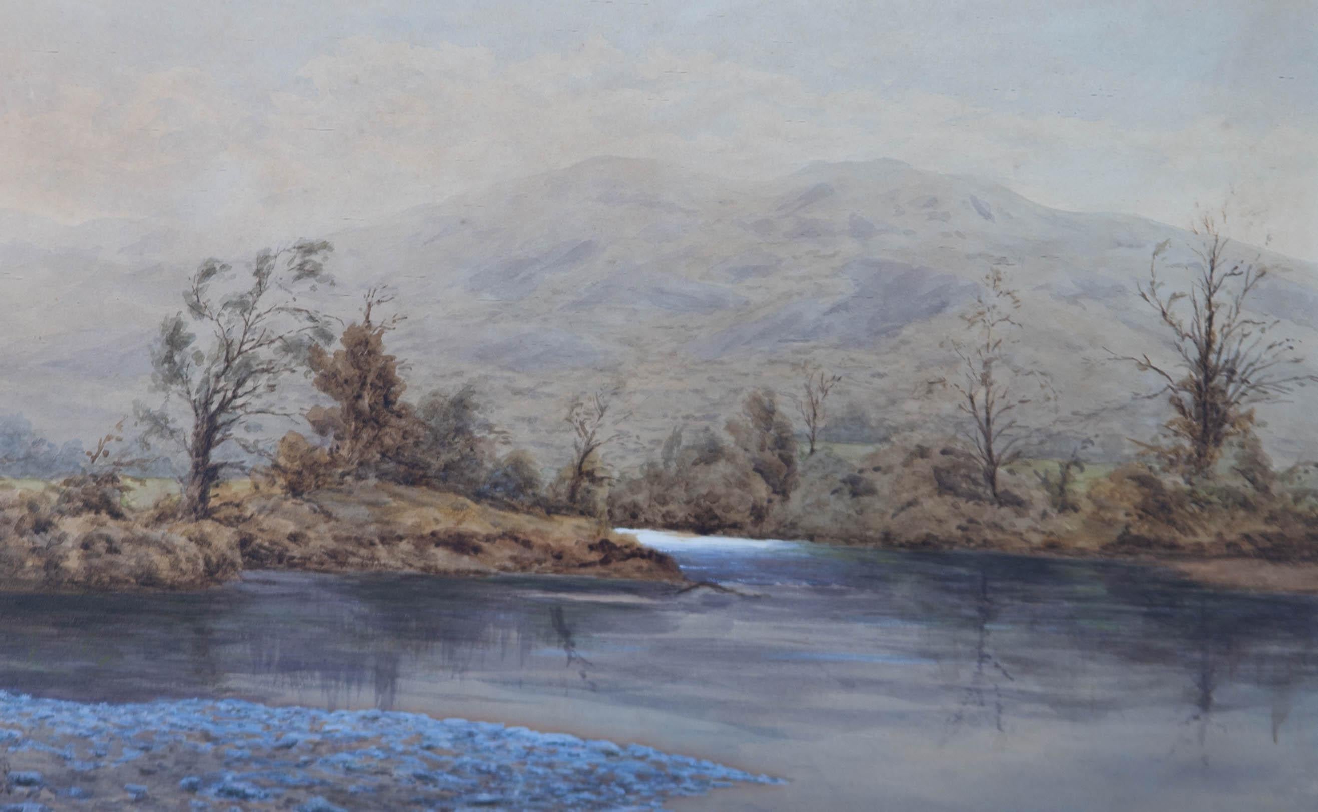 A landscape scene at the River Derwent in the valley of Borrowdale, Cumberland (now Cumbria). The second of two paintings by the artist depicting this river. Presented glazed in a gold card mount and a wooden frame with burr yew wood veneer and