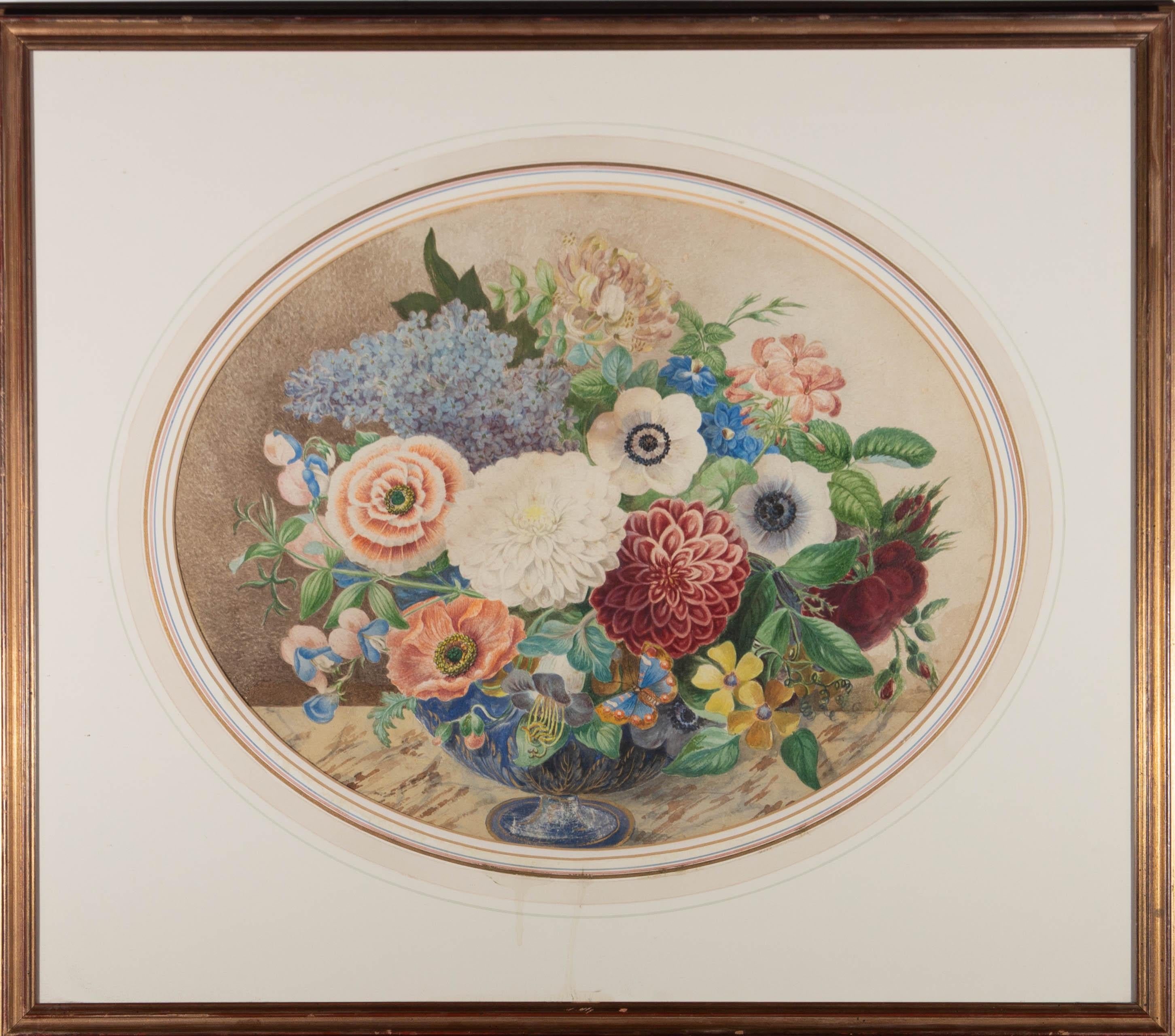Unknown Still-Life – Aquarell des späten 19. Jahrhunderts - Blüten und Schmetterling