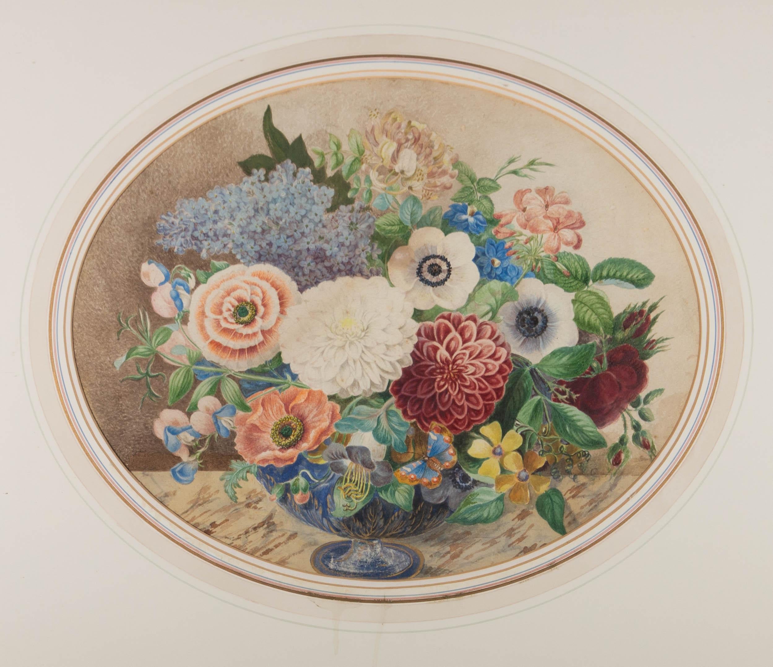 Aquarell des späten 19. Jahrhunderts - Blüten und Schmetterling – Art von Unknown