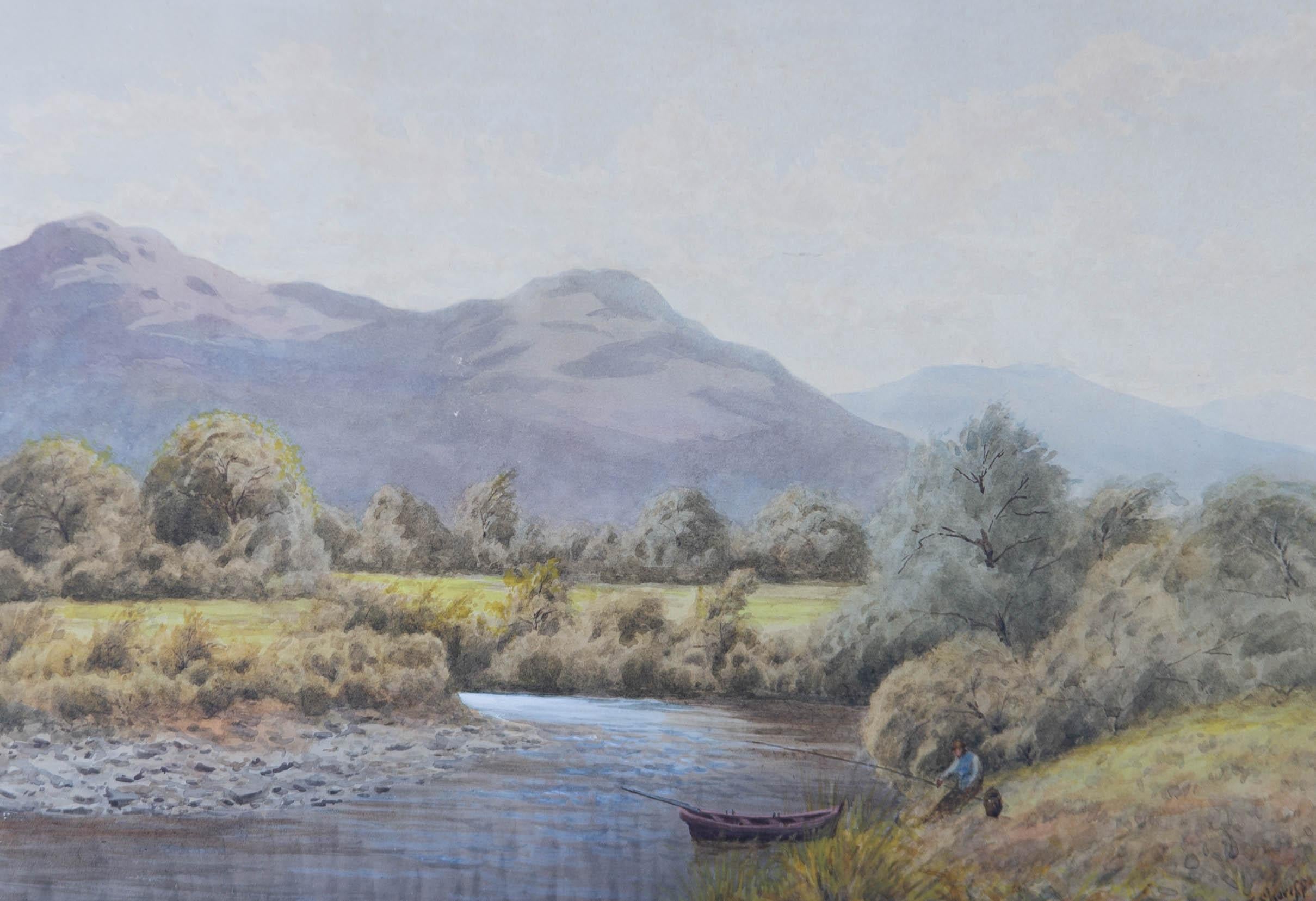 A landscape scene at the River Derwent in the valley of Borrowdale, Cumberland (now Cumbria). The first of two paintings by the artist depicting this river. Presented glazed in a gold card mount and a wooden frame with burr yew wood veneer and