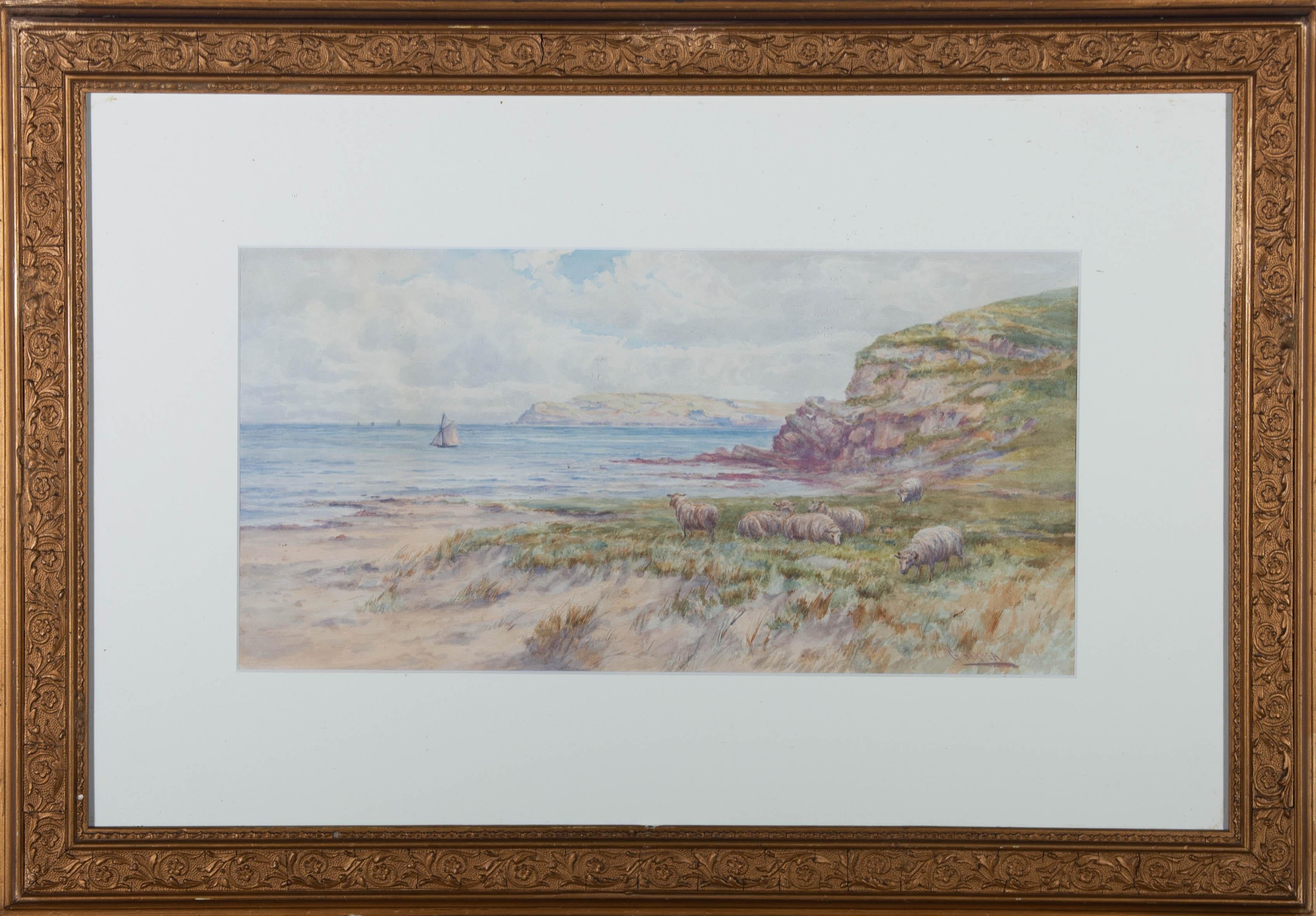 Eine Küstenszene mit einer weidenden Schafherde im Vordergrund und einer segelnden Gaffelschaluppe in der mittleren Entfernung. Die Komposition wurde vielleicht von William Holman Hunts (1827-1910) Werk "Our English Coasts" (1852) beeinflusst.