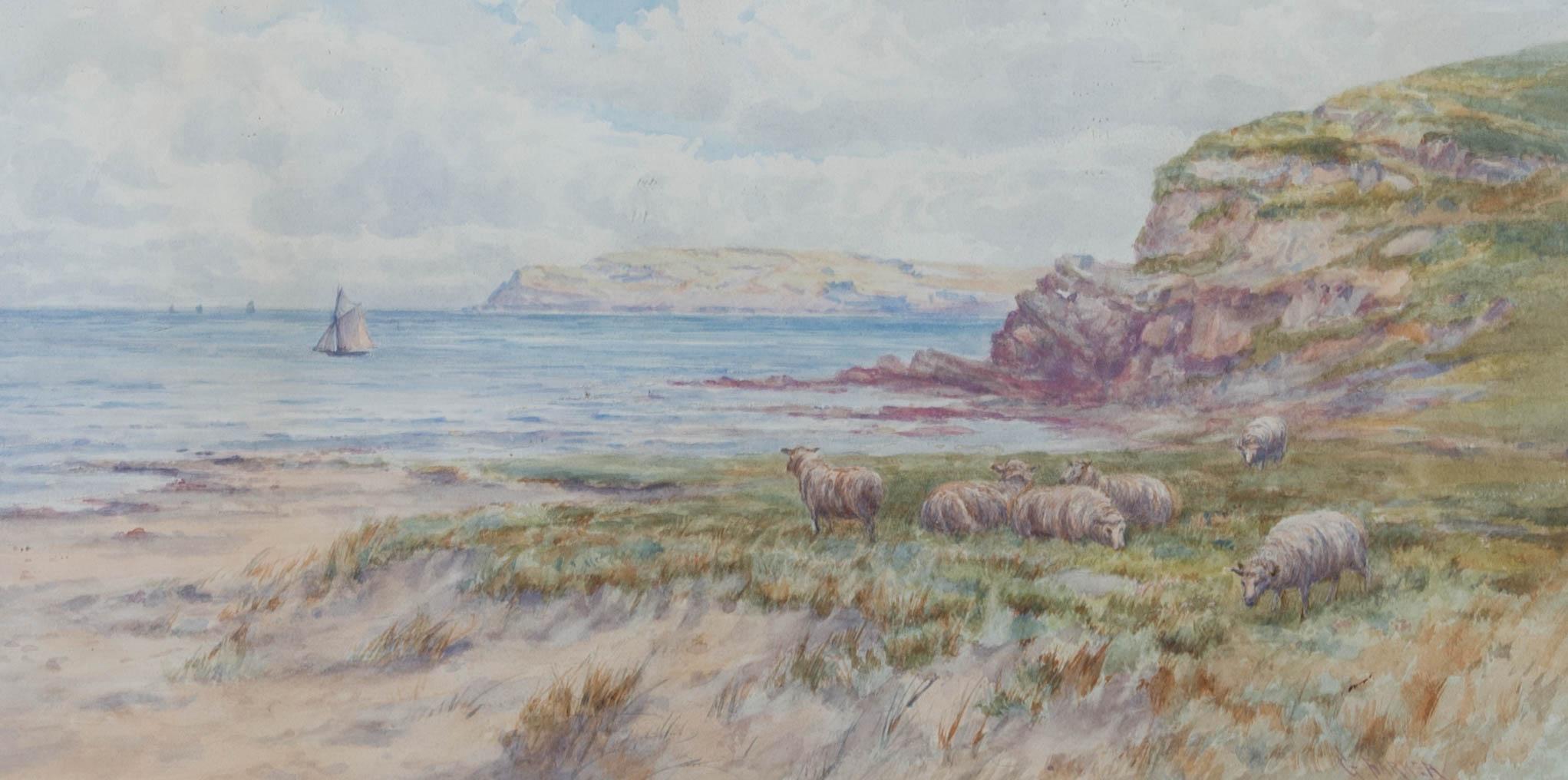 A coastal scene with a flock of sheep grazing in the foreground and a gaff sloop sailing in the middle distance. The composition was perhaps influenced by William Holman Hunt's (1827-1910) 'Our English Coasts' (1852). Presented in a white mount and