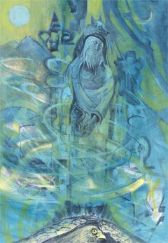 Ken Longcake - Mitte des 20. Jahrhunderts Gouache, abstrakte Figur in Blau