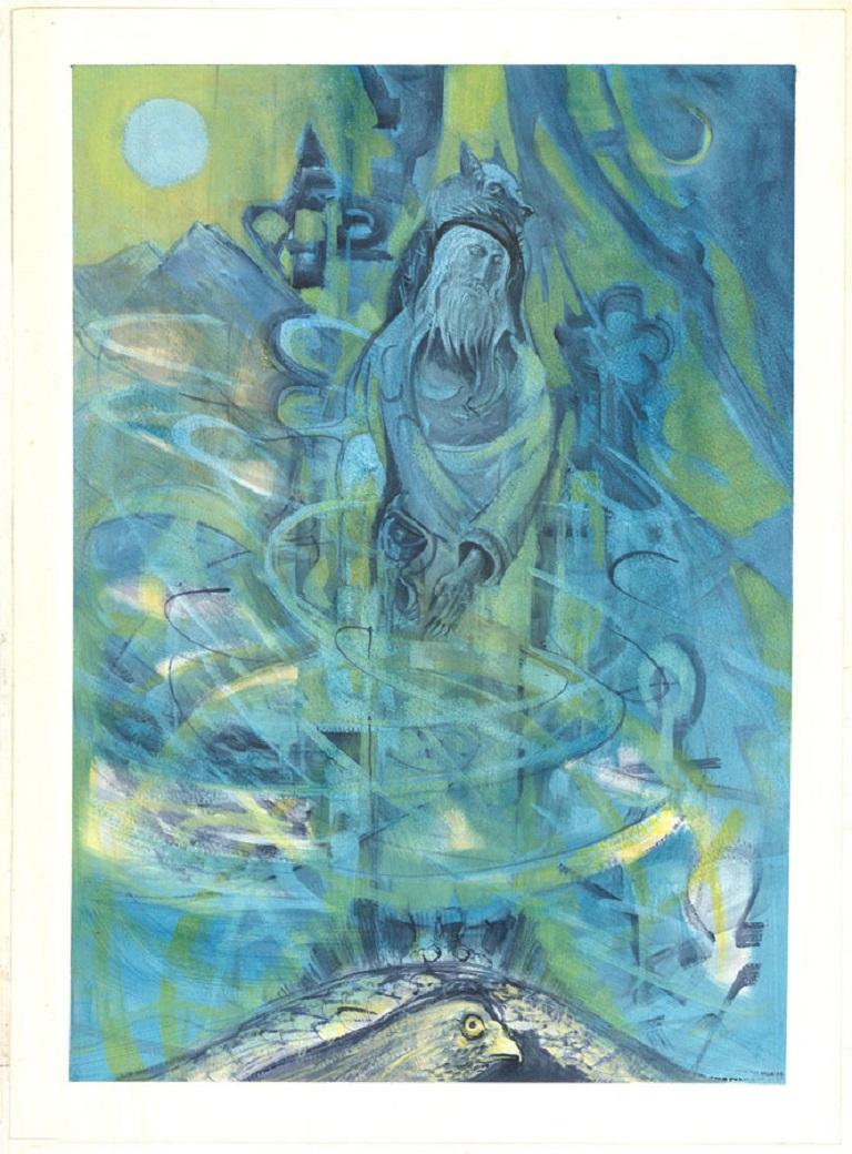 Ken Longcake - Mitte des 20. Jahrhunderts Gouache, abstrakte Figur in Blau im Angebot 1