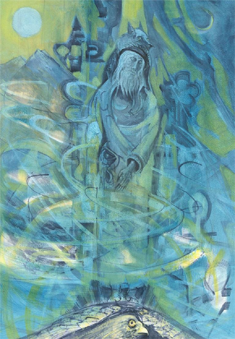 Ken Longcake - Mitte des 20. Jahrhunderts Gouache, abstrakte Figur in Blau im Angebot 2
