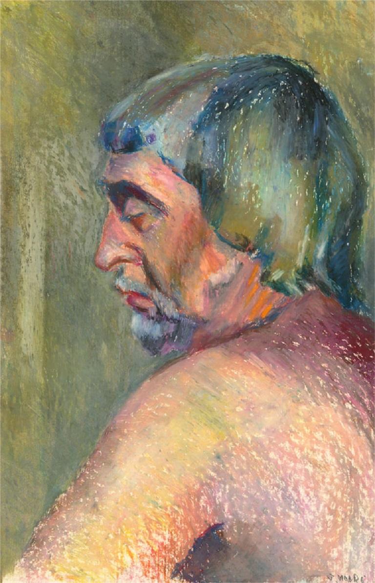 Joyce Moore - Signé Contemporary Pastel, Portrait d'un Homme en Pensée en vente 2