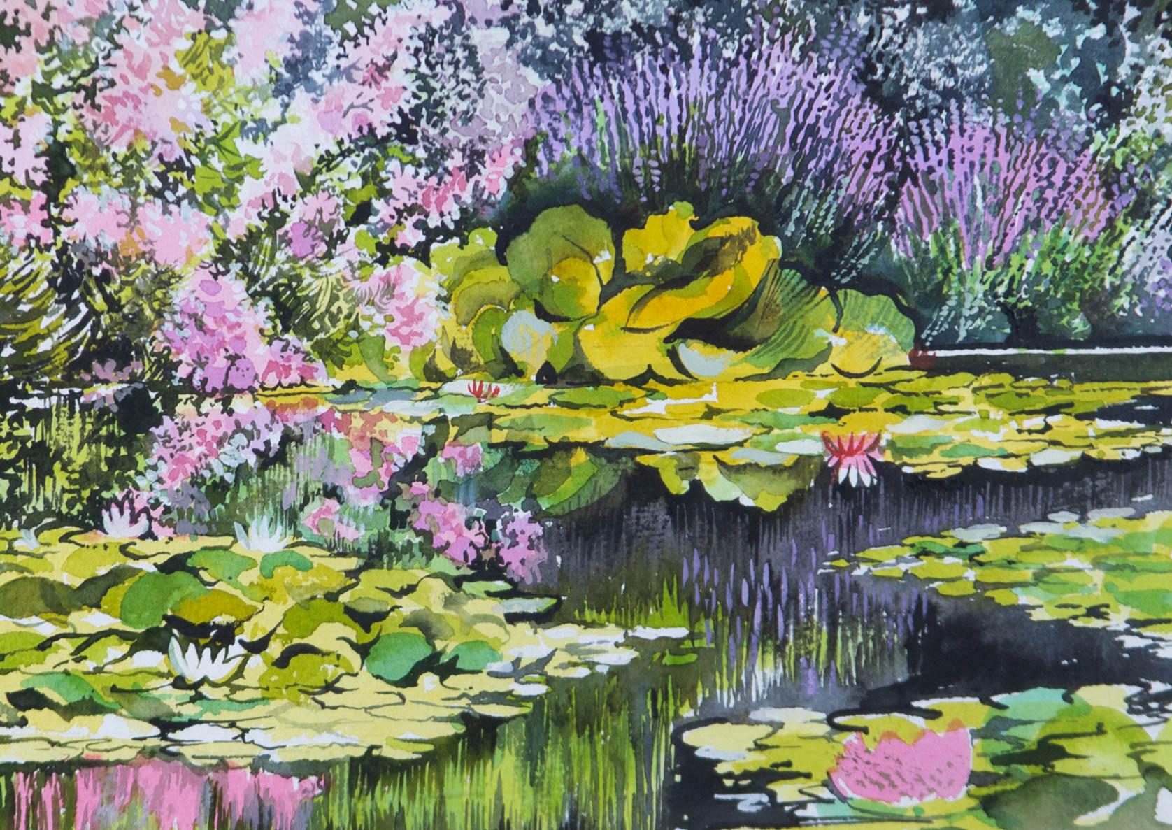 Ray J. Weston - Aquarelle du 20e siècle, étang à nénuphar en vente 1