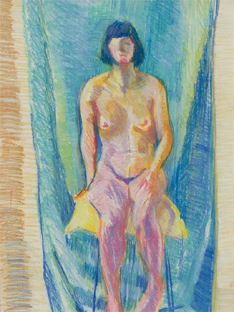 Vibrant pastels are used in a harsh, directional manner to render a seated nude to stunning effect. This artwork holds a certain clarity through its aesthetically ambient palette. Unsigned. On wove.