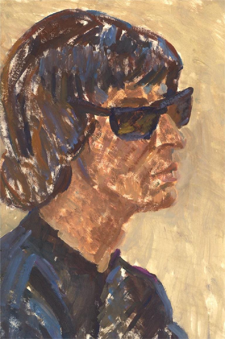 Linear brush strokes are used in a direct, intuitive style to depict a strong portrait of a figure in sunglasses. Unsigned. On wove.