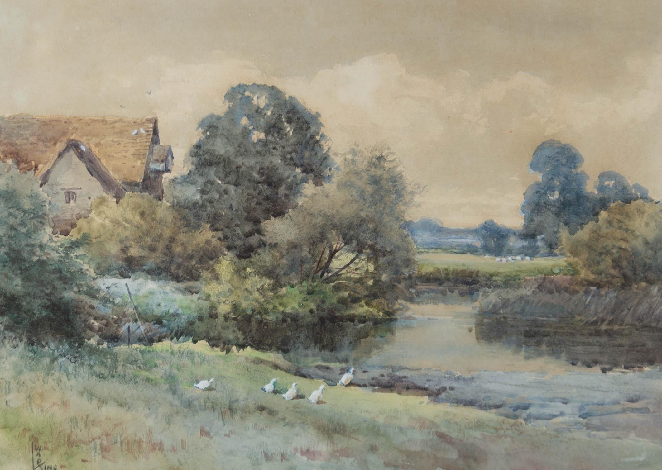 A rural landscape featuring a cottage and ducks by a river. Presented glazed in a wash line mount and a distressed gilt-effect wooden frame. Signed to the lower-left corner. On wove.
