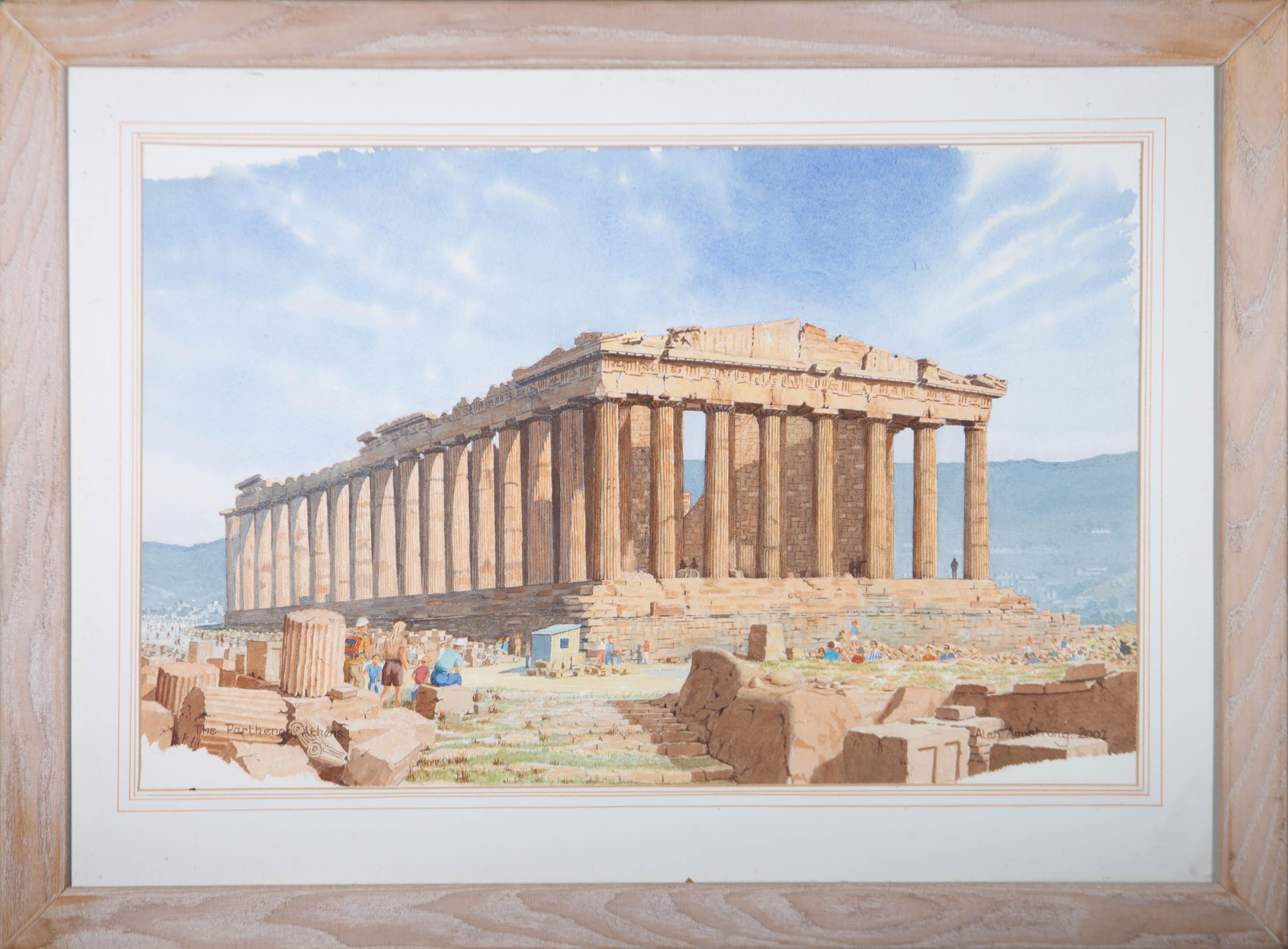 An charming watercolour painting by Alan Armstrong, depicting a view of the Parthenon, Athens, with figures nearby. Signed and dated to the lower right-hand corner. Title inscribed to the opposite lower corner. Presented in a washline card mount and