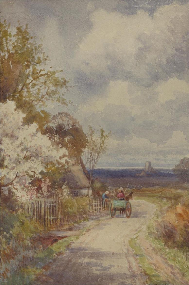 A charming watercolour painting by the artist John Reginald Goodman, depicting a landscape scene with figures by a cottage. Signed to the lower right-hand corner. Well-presented in a golden card mount and in a gilt effect frame with ornate corners.