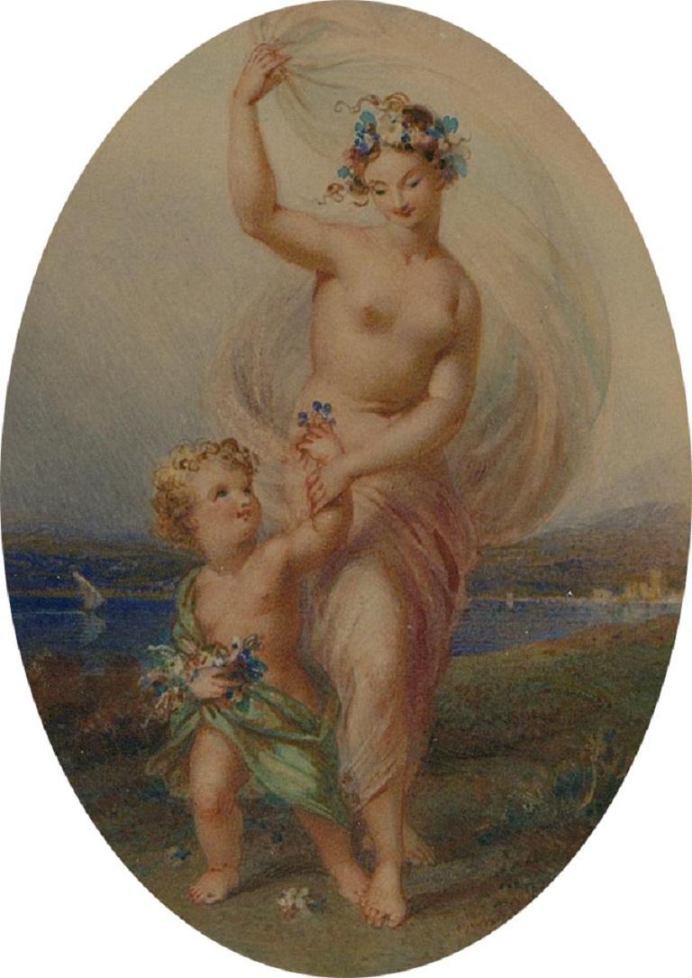 An exquisitely tender watercolour in a classical style showing a young female nude in billowing drapery dancing hand in hand along a coastline with a cherubic young boy. The pair are adorned with flowers and are staring joyful at each other. Edmund