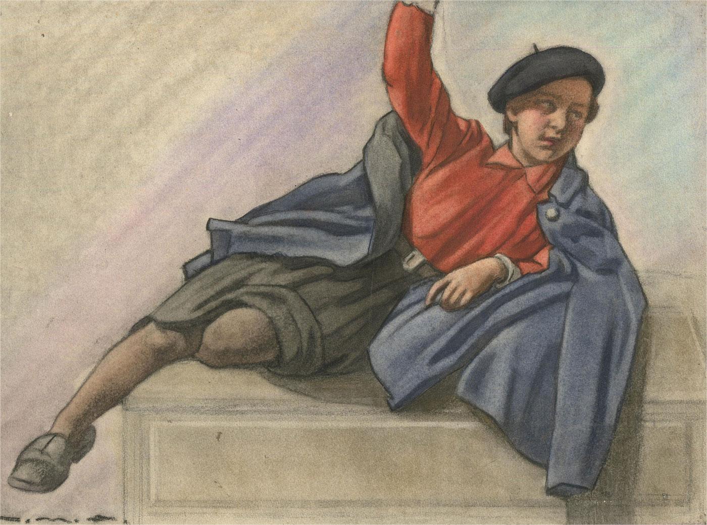 An accomplished pastel drawing of a woman reclining with an outstretched arm on a stone surface. She wears a red shirt, a blue cape, and a black beret. Monogrammed to the lower-left edge. On wove laid to backing card.
