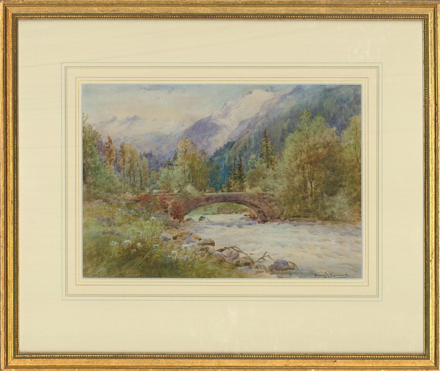 A fine watercolour painting with body colour details by the British artist Henry John Kinnaird. The scene depicts a Swiss river landscape view with snow covered mountains in the distance. The colour palette and overall balance of the composition