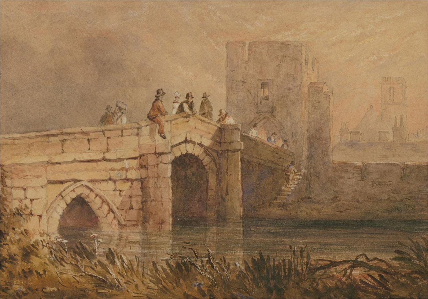 Early 19th Century Watercolour - Bridge By The City Walls - Art by Unknown
