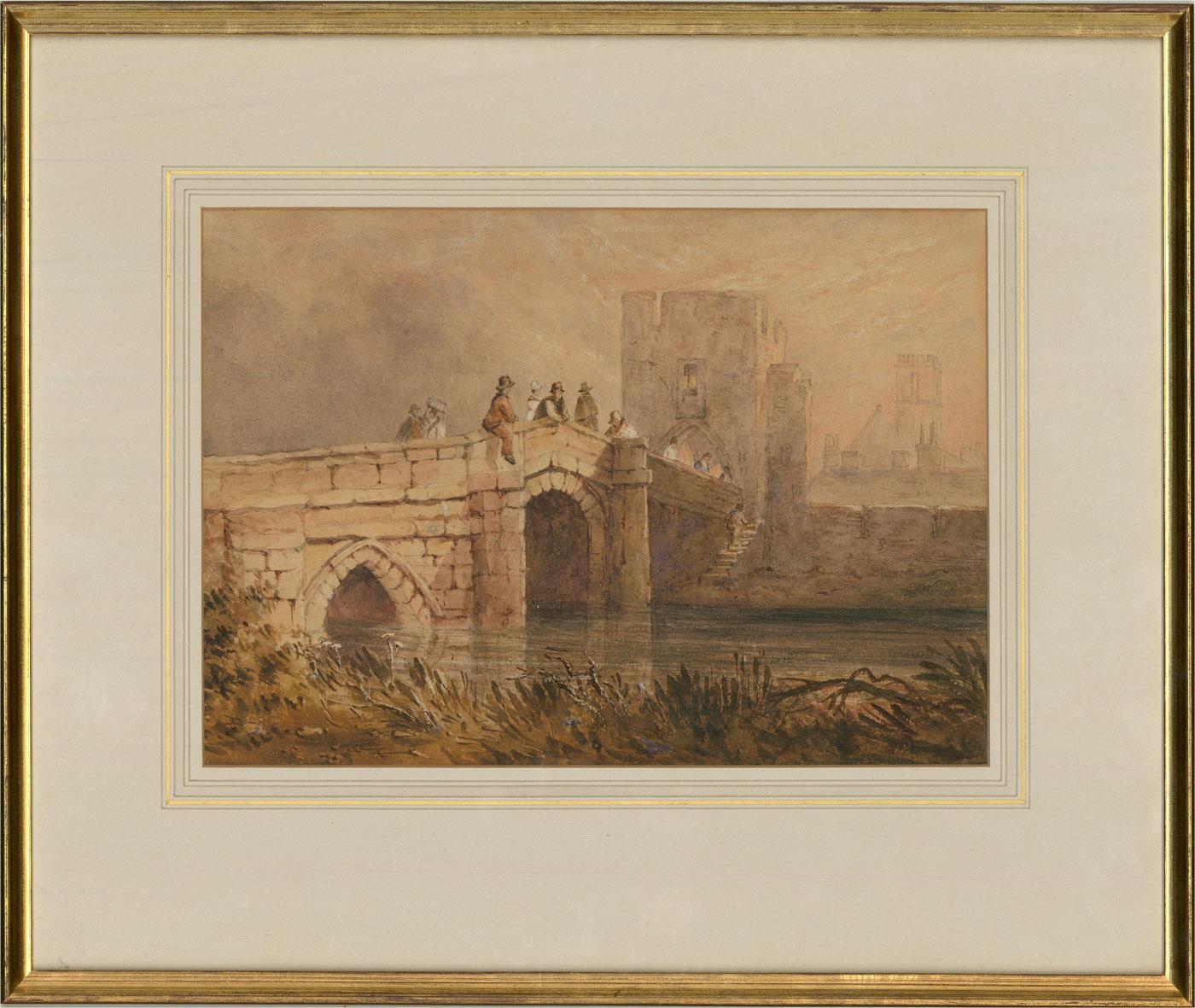 A very fine example of an early 19thC watercolour showing an arched bridge over a river that joins to a gatehouse in a city's walls. The bridge is busy with people coming and going; one man straddles the bridge wall, letting his leg dangle over the