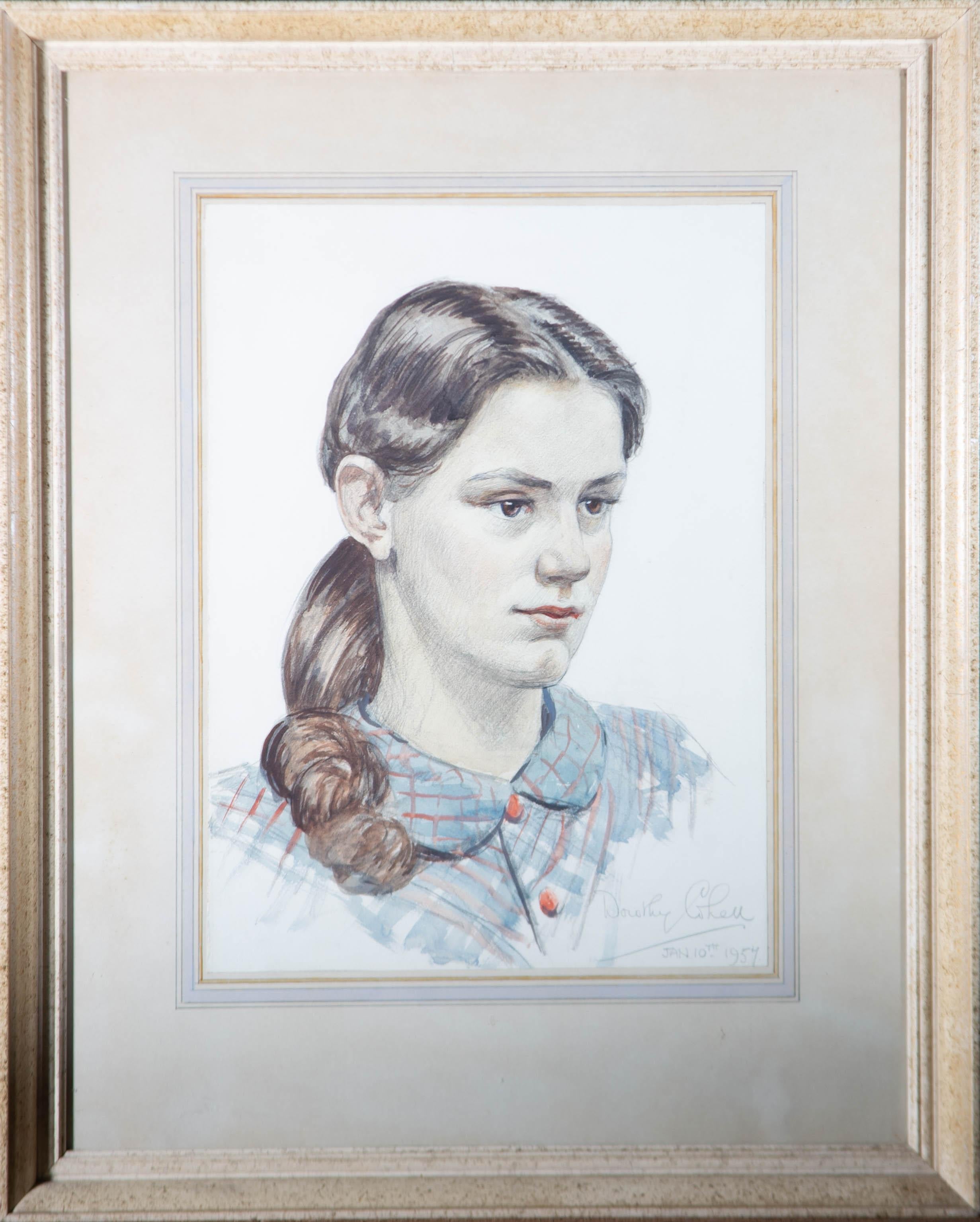 A lovely watercolour painting with graphite and charcoal by the British artist A. Dorothy Cohen, depicting a portrait of a girl. Signed and dated to the lower right-hand corner. Artist's name and title inscribed on the reverse. On watercolour paper,