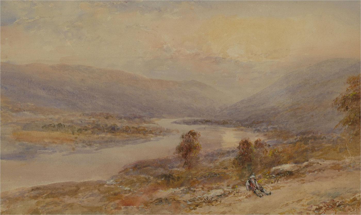 A fine watercolour painting with body colour highlights by the artist Arthur Tucker, depicting a mountainous landscape scene with a river and a resting figure. Signed faintly to the lower right-hand corner. Well-presented in a washline card mount