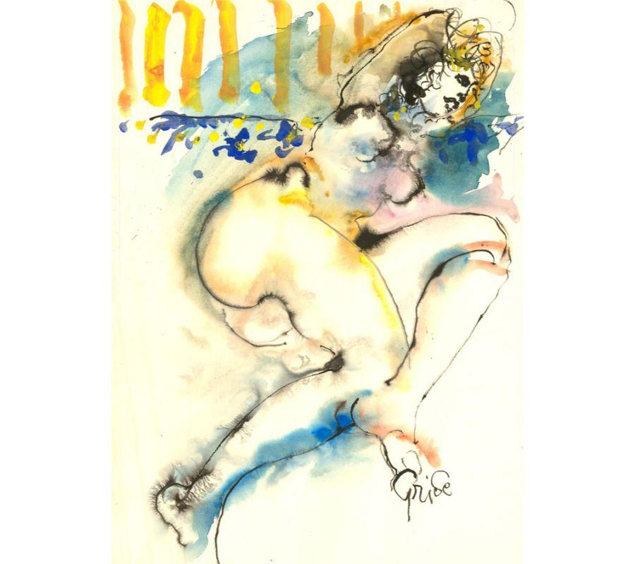 An expressive watercolour painting with pen and ink and gouache details by the American artist Hendrik Grise. The scene depicts a nude female figure, completed in bold and vibrant brushstrokes. Signed to the lower right-hand corner. On wove.
