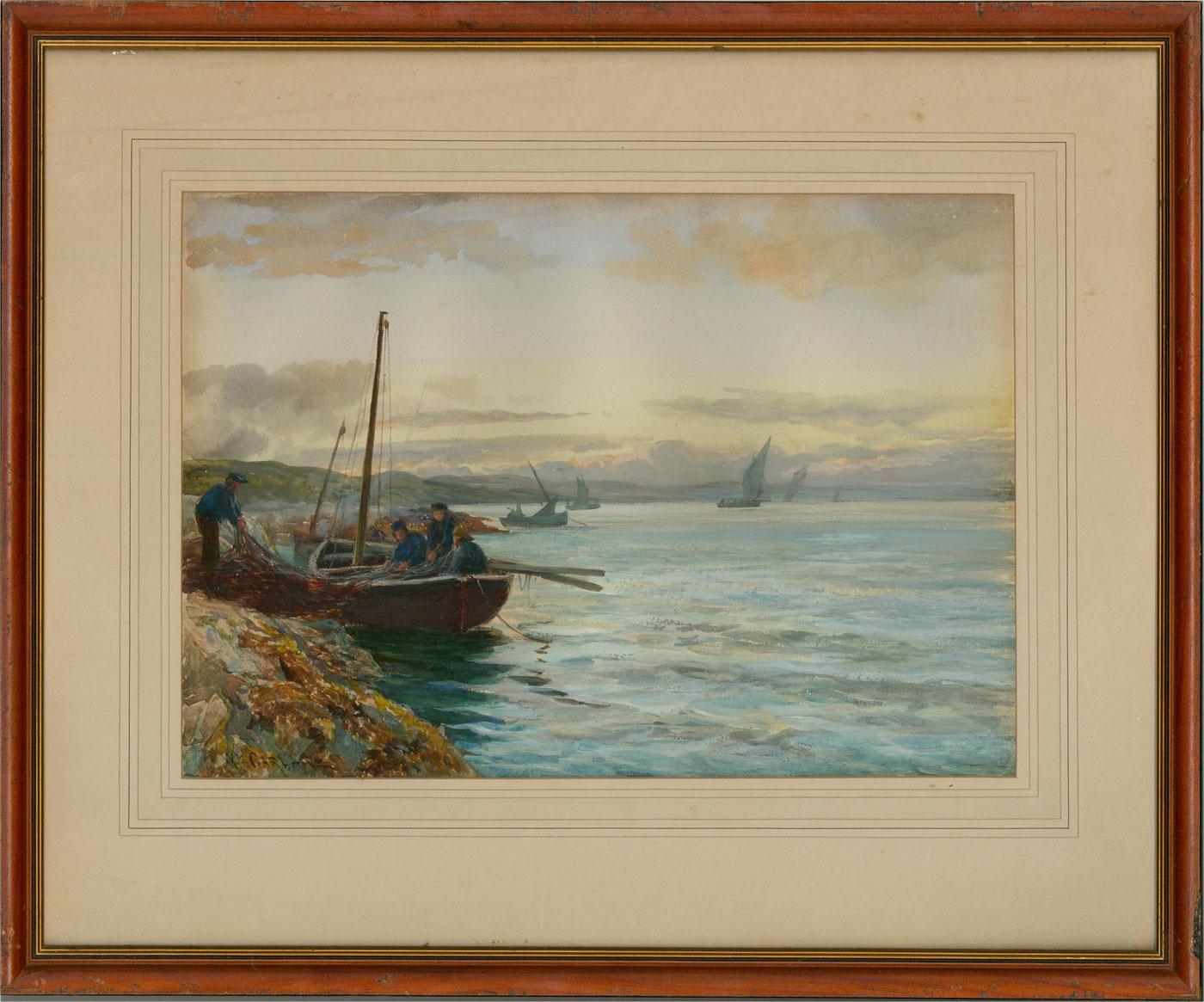 A fine gouache and watercolour painting by the artist William Carlaw RSW. The scene depicts a seascape with four fishermen handling a large net. The skilful application of colour and precise brush strokes clearly highlight the artist's proficiency