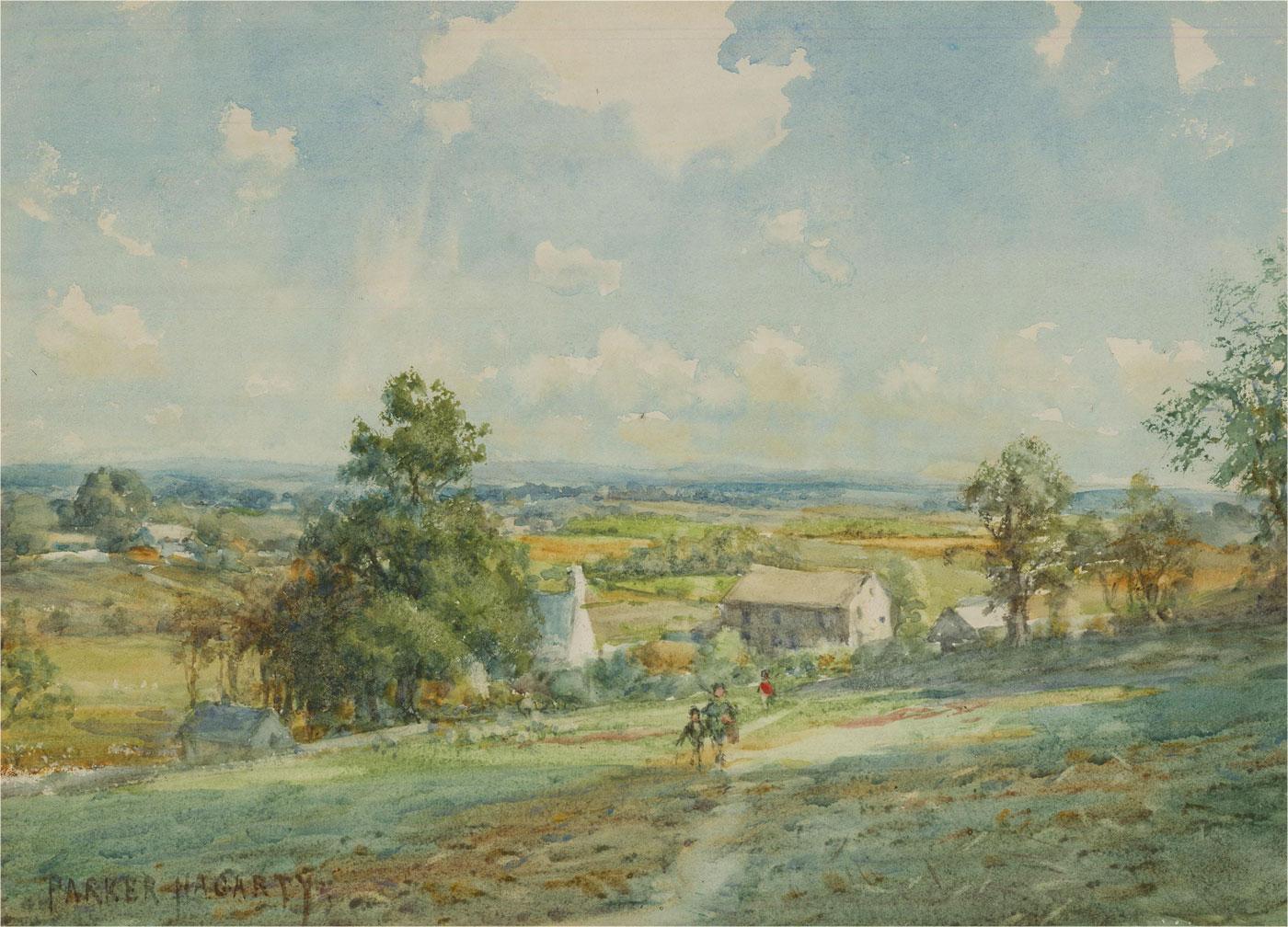 A charming watercolour depicting a rural farmland with figures walking across the fields away from their home. The work is well presented in a waistline mount and has been signed to the lower left. On wove.
