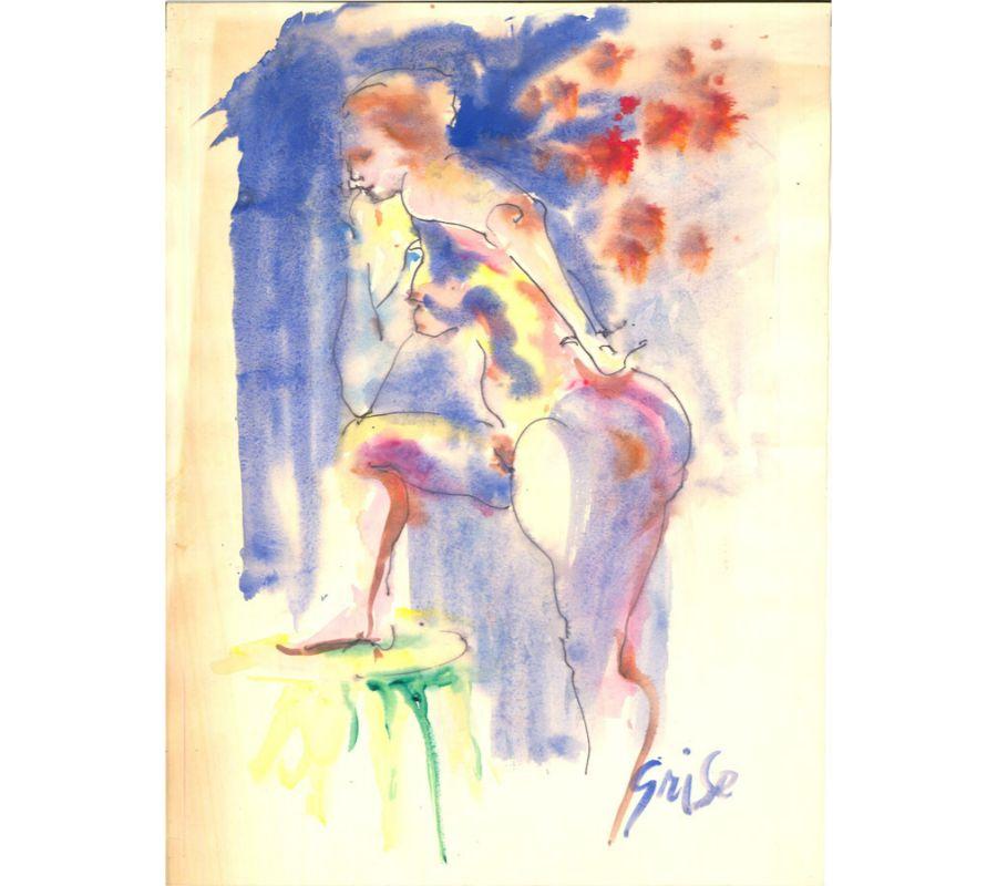 An expressive watercolour painting with pen and ink by the American artist Hendrick Grise. The scene depicts a nude female figure. Signed to the lower right-hand corner. On wove.

