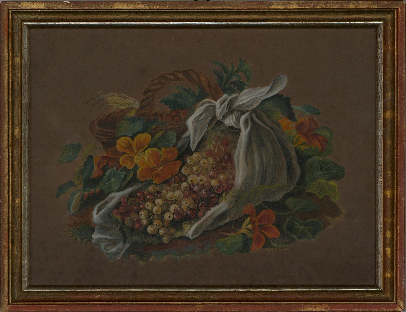 A pretty cornucopia of elderberries and nasturtiums, tumble out from a knotted linen cloth and wicker basket. This wholesome still life shoes us the bounty of late Summer and early Autumn in wonderful detail and decorative composition.

The painting