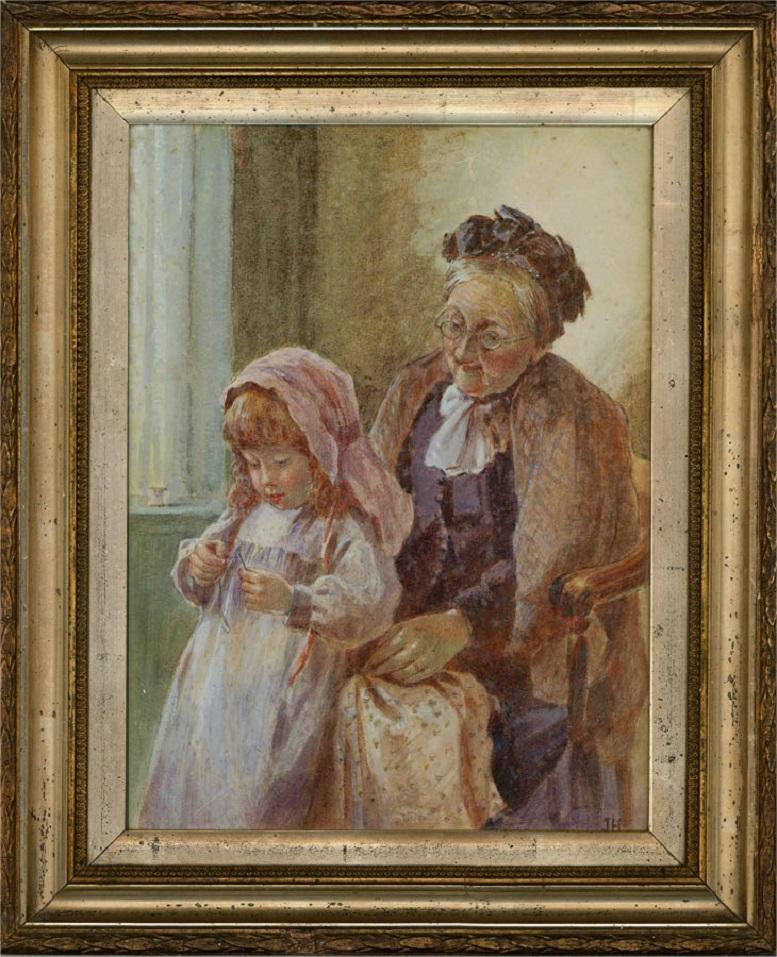 J. H. - Late 19th Century Watercolour, Sewing Lesson For Sale 1