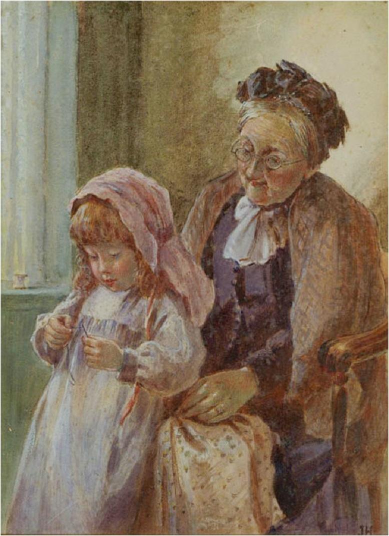 J. H. - Late 19th Century Watercolour, Sewing Lesson For Sale 3