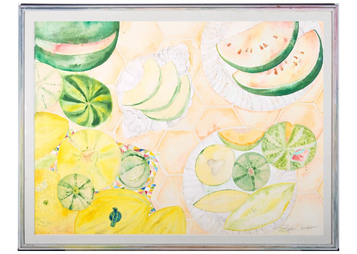 A colourful watercolour still life showing various types and sizes of melons. The artist has signed to the lower right and the painting has been presented in a simple white frame with thin card mount. On wove.