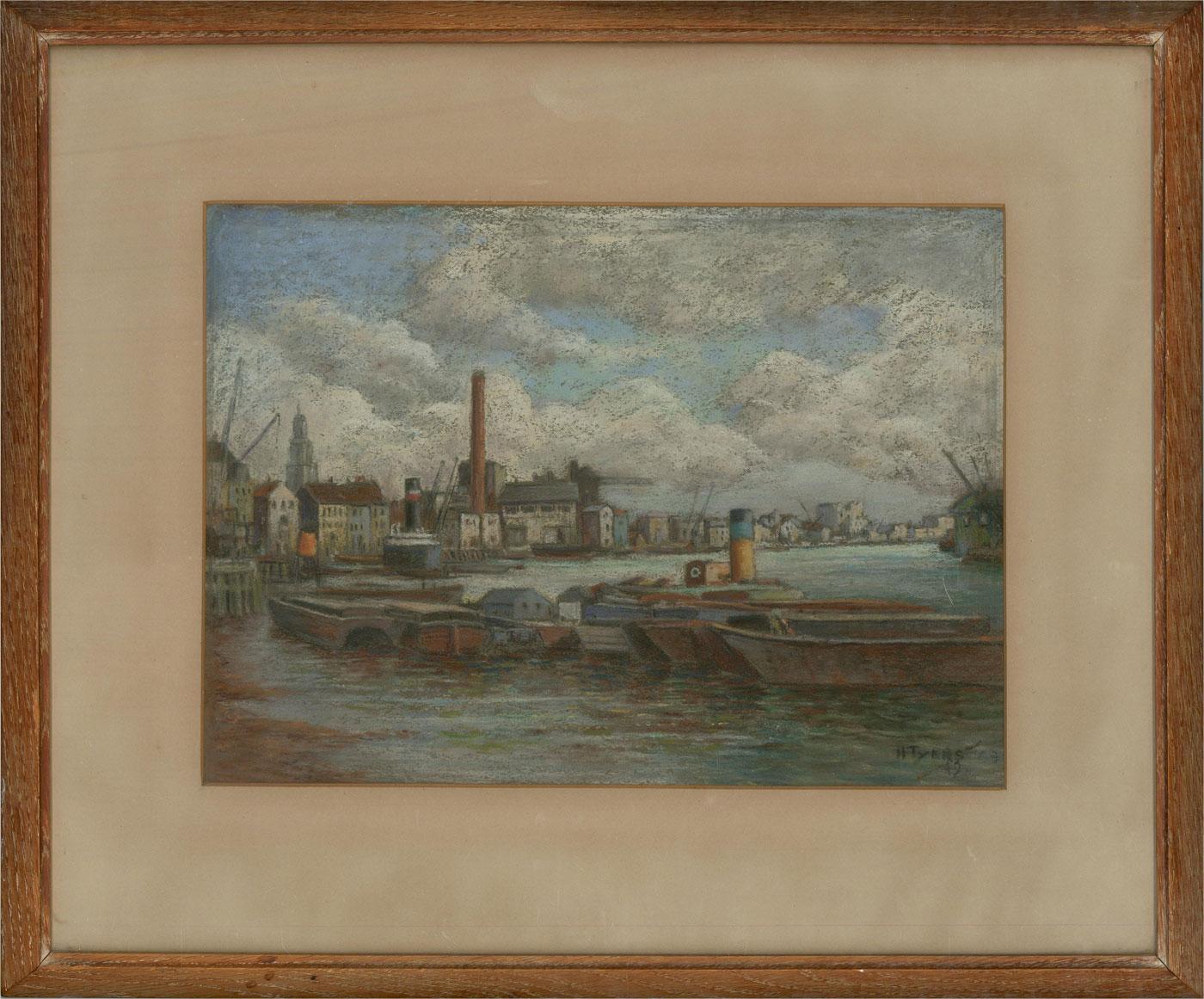 A characterful mid century pastel study the waterline of a riverside city. There are boats moored at a small river beach in the foreground and an industrial skyline is set against fluffy white clouds in a blue sky. The drawing is signed and dated in