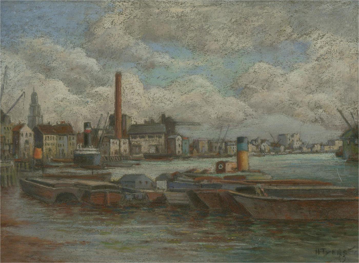 N. Tyers - 1949 Pastel, City On The River For Sale 1