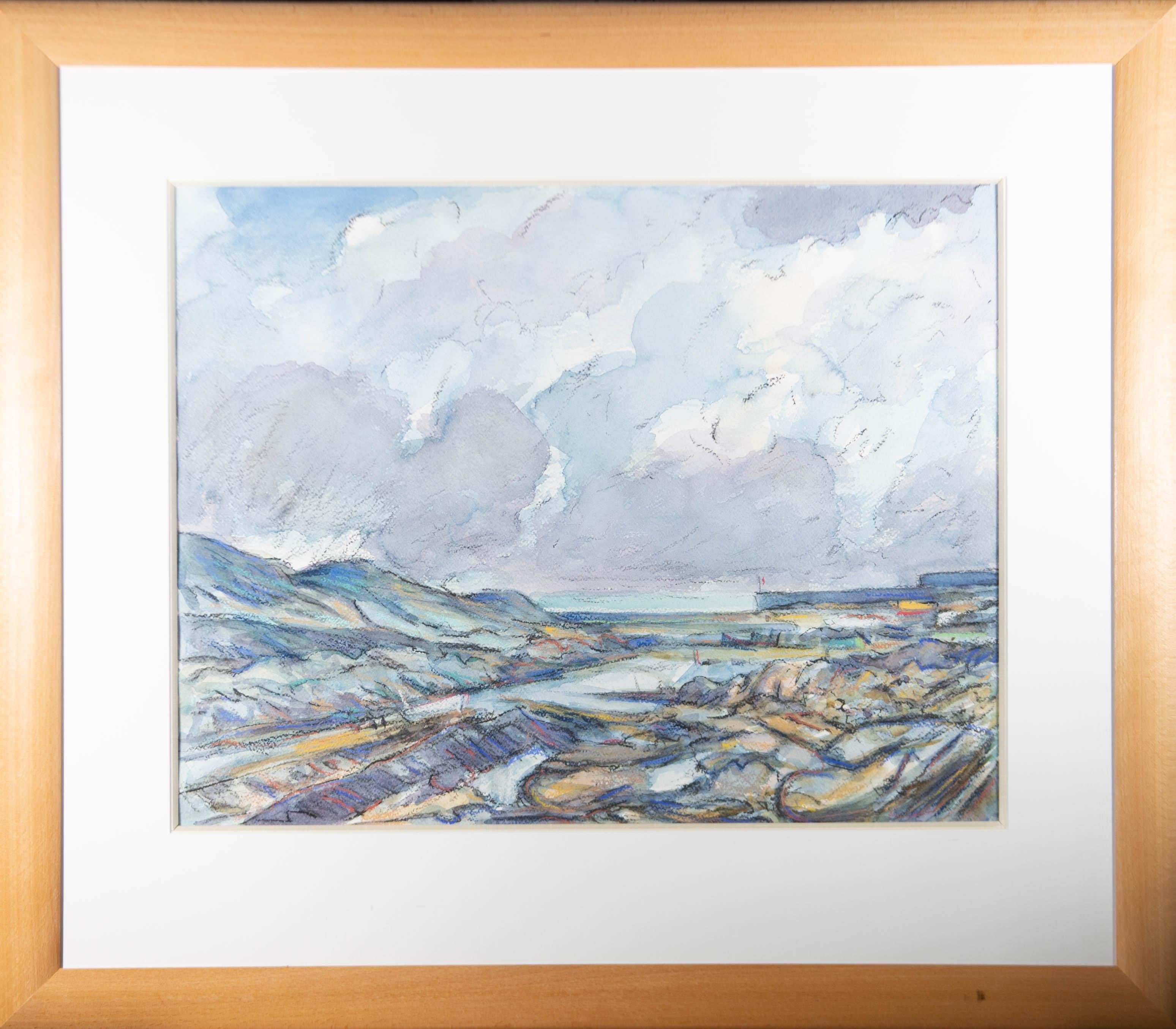 Unknown Figurative Art - Framed Contemporary Watercolour - Rocky Beach Scene