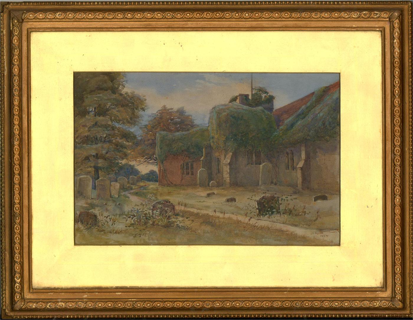 A pretty rural church, overgrown with ivy with a path winding through its graveyard. This watercolour has been signed and dated by the artist in the lower right corner.

The painting has been presented in a gilt effect frame with glazing and a gilt