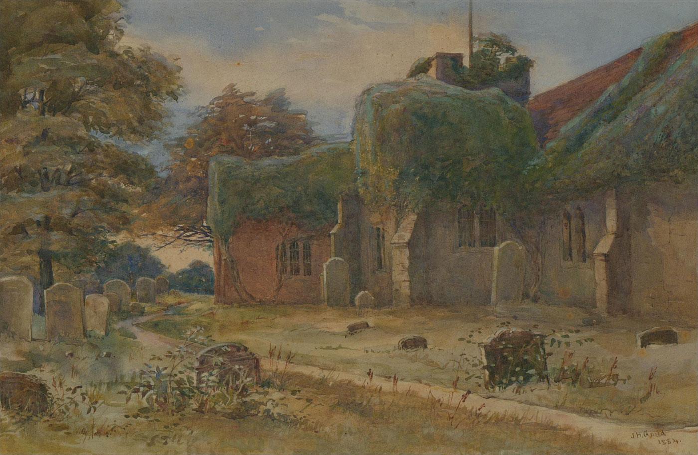 James H. Guild - 1884 Watercolour, Abandoned Church Graveyard For Sale 1