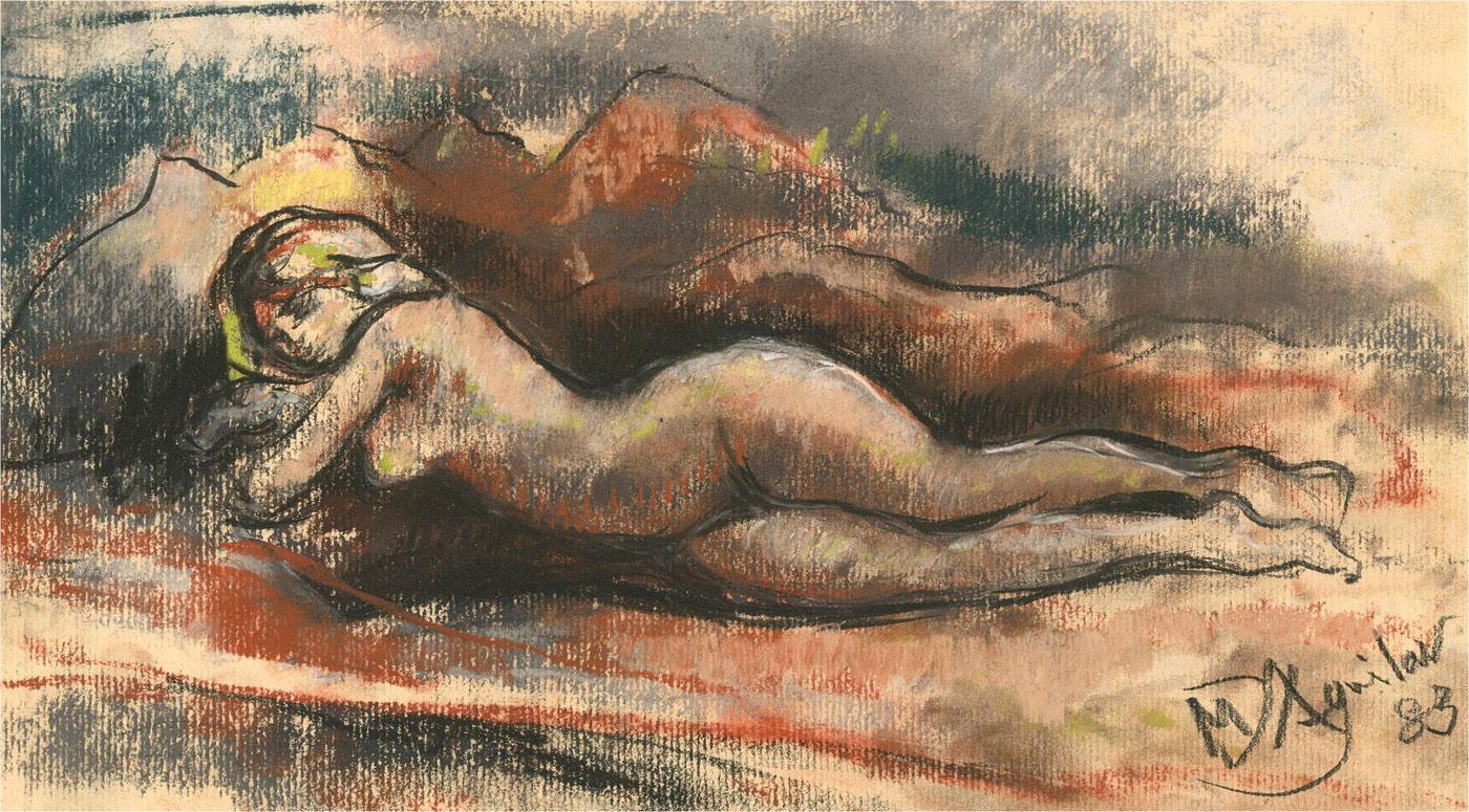 A charming pastel and graphite study of a reclining nude in earth tones. Well presented in a grey mount and signed and dated in the lower right.