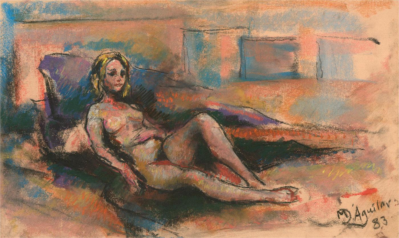 A delicate pastel study of a female nude reclining on a bed in a simple setting. Unlike other works by the artist this one has been done in brighter pink and purple tones contrasting with the undertones. The artist has signed and dated to the lower
