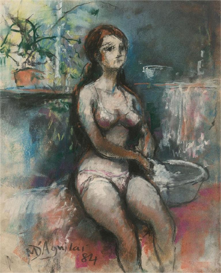A charming pastel nude of a seated figure with a wash basin and still life of flowers in the background. Signed and dated to the lower left. On board.