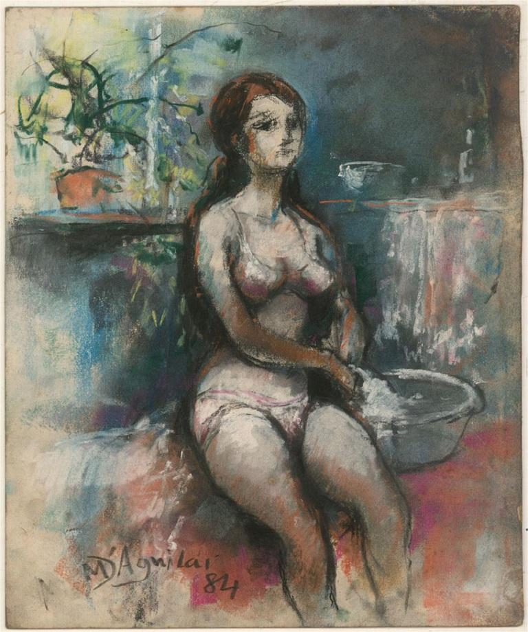 Michael Dâ€˜Aguilar (1924-2011) - Signed 1984 Pastel, Seated Nude For Sale 1