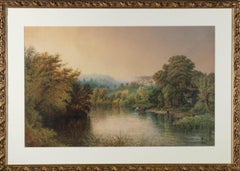 J.A. Free - 1888, gouache, scène de rivière pastorale