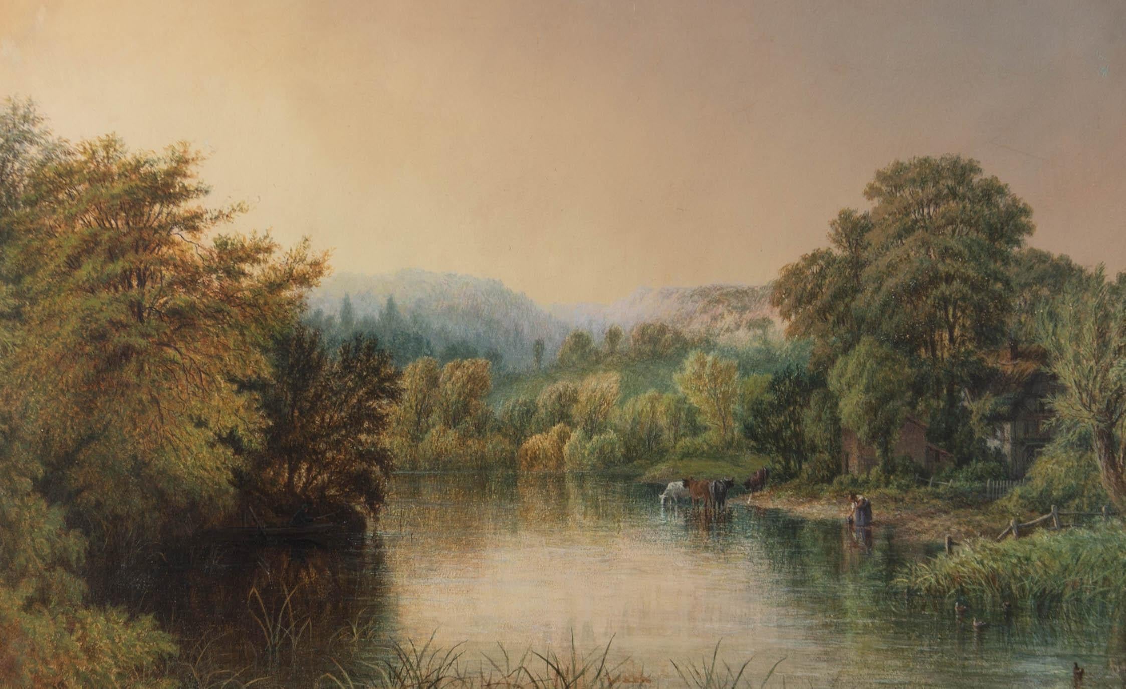 A fine pastoral river scene. To the right side of the composition, cows stand in shallow water while a woman fills a jug on the waterside. A thatched cottage is visible through the trees behind her. The landscape is bathed in a soft light which
