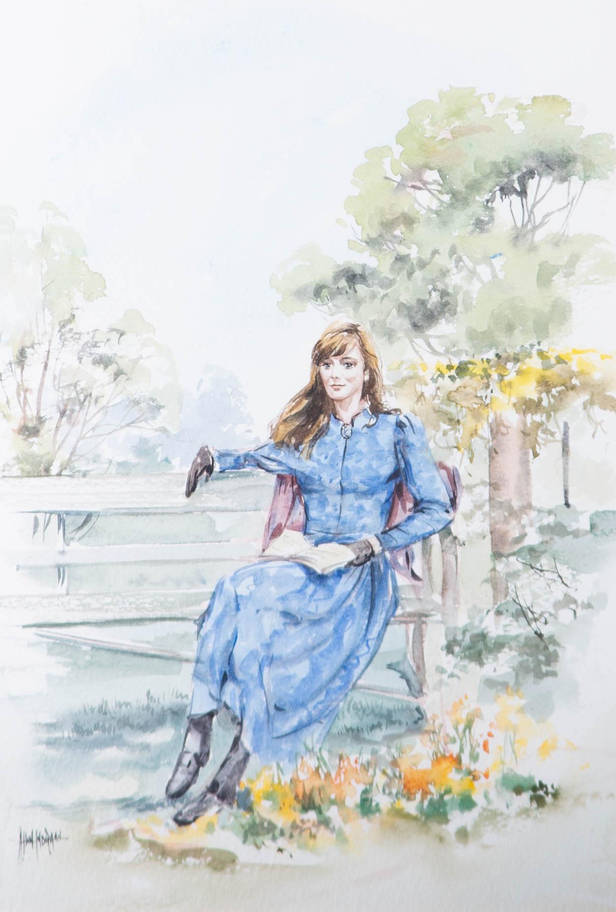 A charming watercolour painting by the artist Allan Morgan, depicting a woman holding a book on a park bench. Signed to the lower left-hand corner. There is a label on the reverse with the artist's biography. Well-presented in a washline card mount