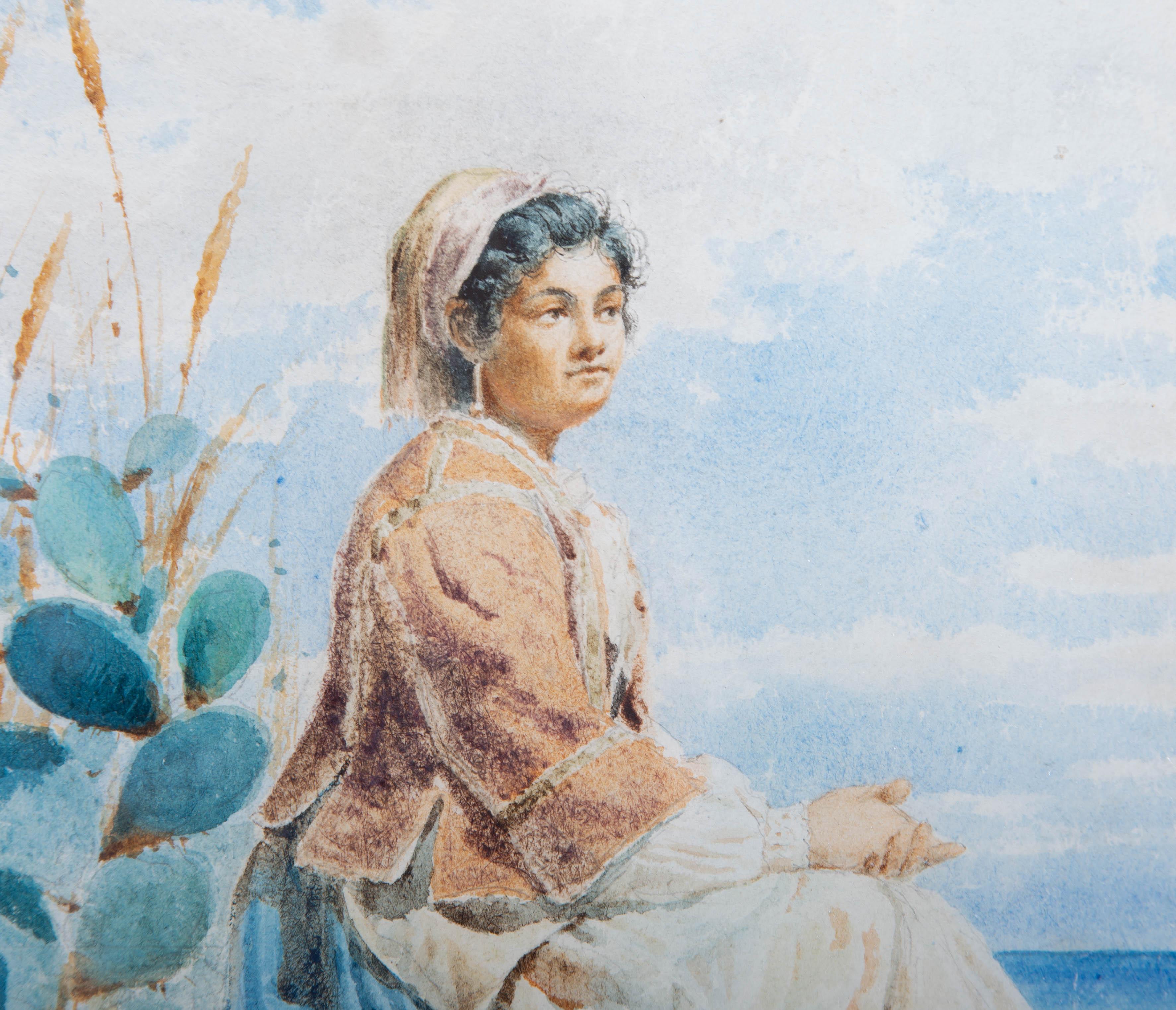 Achille De Dominicis (1851-1917) - 1875 Watercolour, Young Peasant Woman For Sale 2