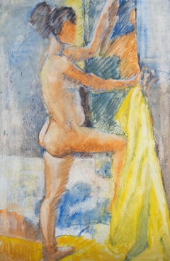 Gouache du début du XXe siècle - Nu féminin debout avec tissu jaune