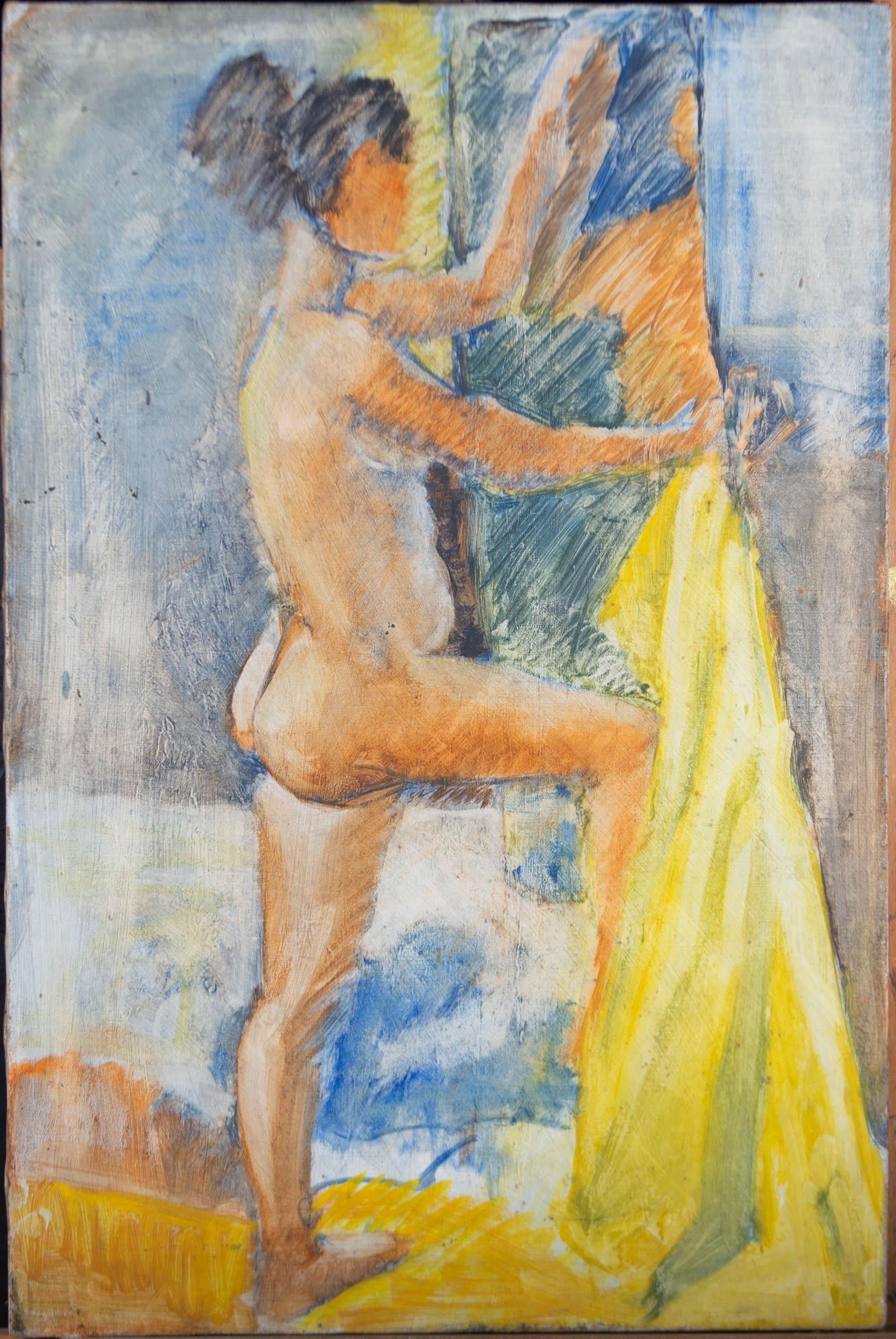 Gouache du début du XXe siècle - Nu féminin debout avec tissu jaune - Art de Unknown