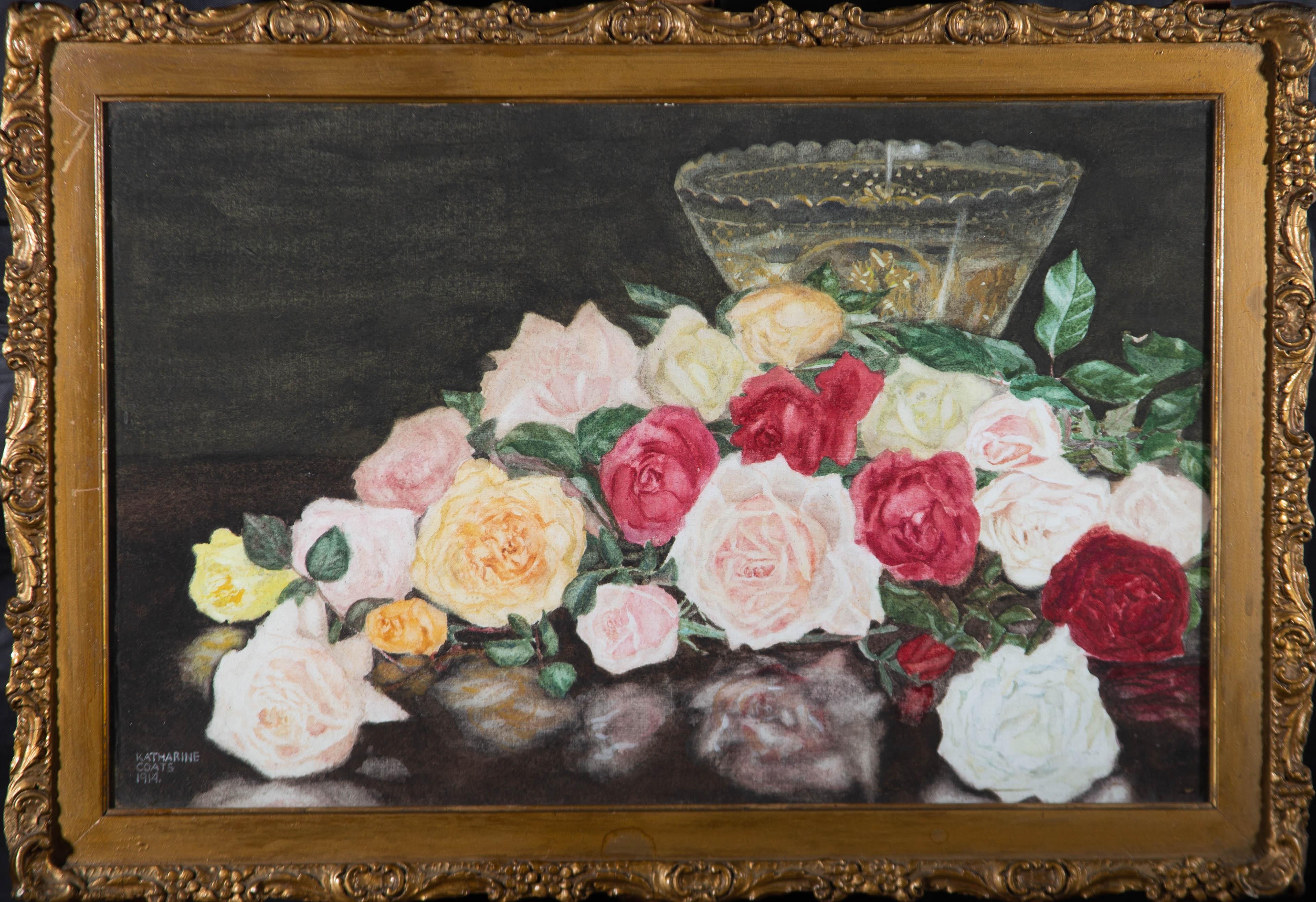 A captivating watercolour painting with gouache on fabric, depicting a still life with roses. Signed and dated to the lower left-hand corner. There is label on the reverse inscribed with the artist's name and title. Well-presented in an ornate gilt