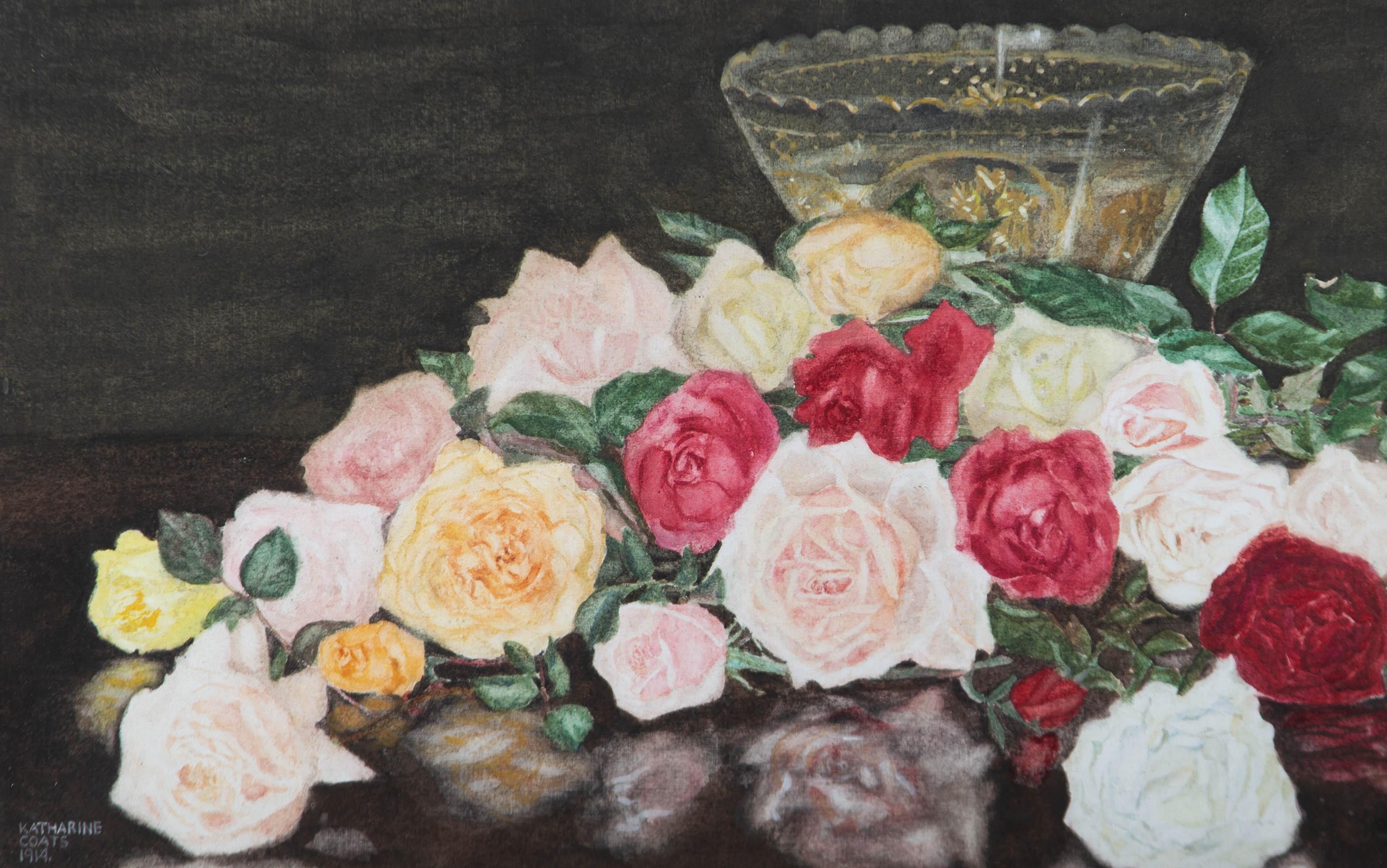 Manteaux Katharine - 1914 Aquarelle, Roses d'automne - Noir Still-Life par Katharine Coats
