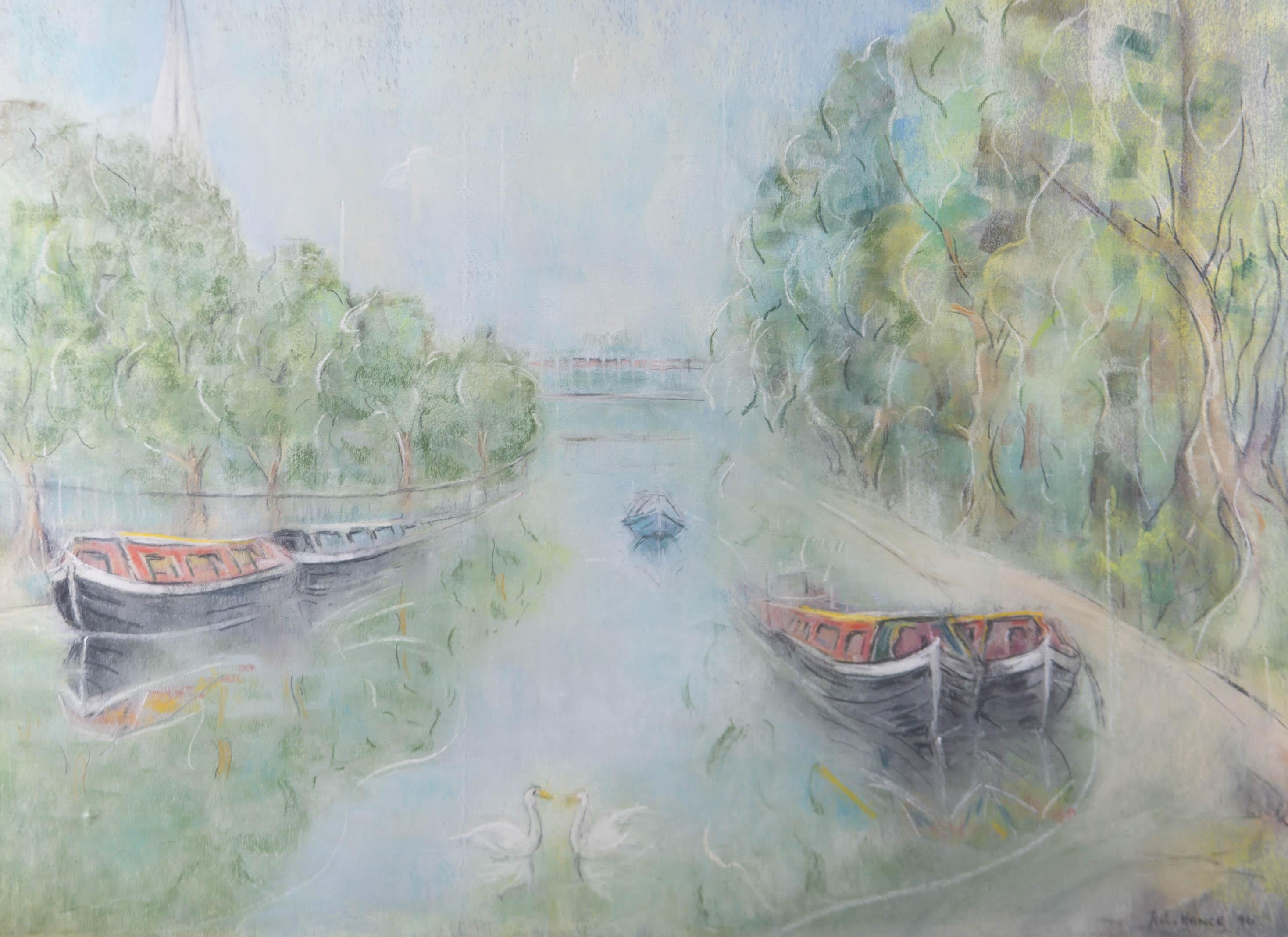A pretty canal scene in pastel showing a canal, banks lined with lush greenery and boats moored at both sides. A pair of swans are courting in the foreground. The artist has signed and dated to the lower right corner. The painting has been presented